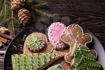 Different ginger cookies for new years and christmas on plate, closeup