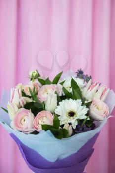 beautiful wedding bouquet on pink background