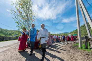 TOPOLNOE, ALTAY, RUSSIA - May 27, 2018: Folk festivities dedicated to the feast of the Holy Trinity. Ancient Russian rite: procession with a birch for its further sinking.