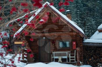 Winter holiday house in forest. Clean air, rest and relaxation. Unity with nature.