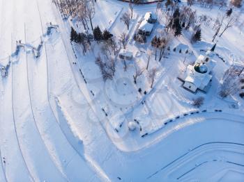 Aerial shot of main view to Barnaul city, Siberia, Russia. Winter sunny day in Barnaul, Russia