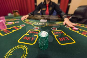 Casino, gambling and entertainment concept - poker game, point of view