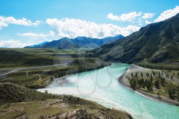 The confluence of two rivers, Katun and Chuya, the famous tourist spot in the Altai mountains, Siberia, Russia