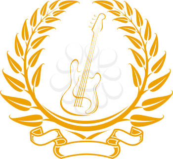 Royalty Free Clipart Image of an Electric Guitar in a Laurel Wreath