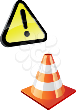 Royalty Free Clipart Image of a Warning Sign and a Traffic Cone