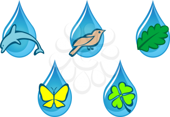 Royalty Free Clipart Image of Animal and Nature Items in Drops