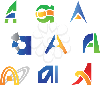 Set of alphabet symbols and icons of letter A