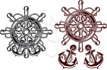 Ship steering wheel for heraldic design with anchors