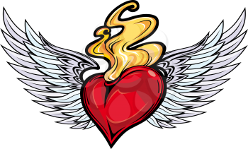 Retro tattoo with red heart and fire flame for religious design