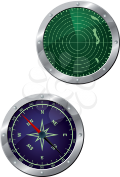Submarine equipment - navigation compass and radar devices in icon style