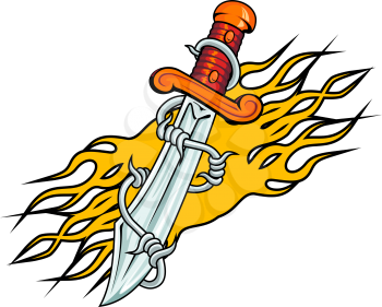 Dagger with barbed wire and flames for tattoo design