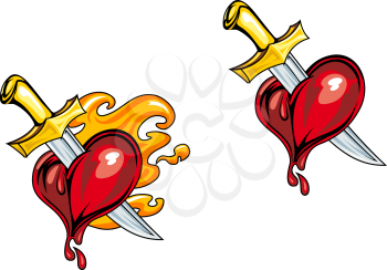 Cartoon heart with medieval knife in retro style for tattoo