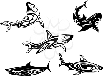 Set of shark tattoos in tribal style isolated on white background