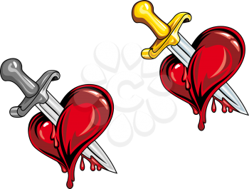 Cartoon heart with medieval dagger in retro style for tattoo design
