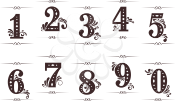Vintage digits and numbers set with dividers isolated on white background