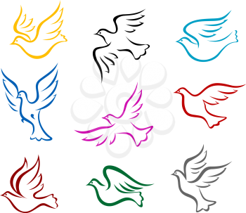 Pigeons and doves symbol set for peace or wedding concept design