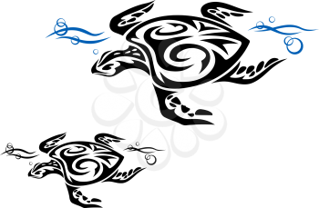 Turtle in ocean water in tribal style for tattoo design