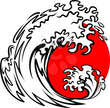 Tsunami wave and red sun on storm sea