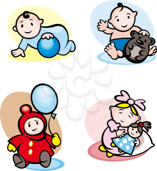 Cartoon girls and boys smiling and playing with toys