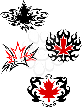 Maple leaf mascots in tattoo style for design