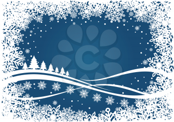 Winter christmas background with snowflakes and new year trees