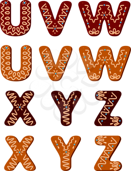 Gingerbread alphabet letters from U to Z for christmas or new year holiday design