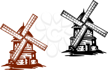 Ancient windmills in black and brwon colors for agriculture industry design