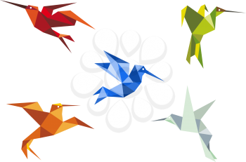 Flying hummingbirds in origami paper style on white background