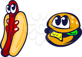 Hamburger and hot dog in cartoon style for fast food design