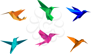 Colorful hummingbirds in origami paper style on white background