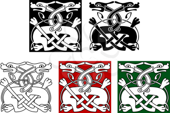 Celtic ornament elements and embellishments with wild angry dogs