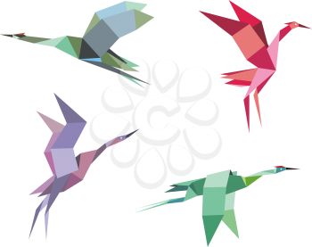 Cranes and herons birds in origami paper style for ecological or another design