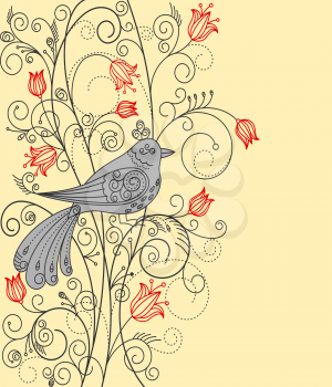Abstract floral background with beautiful bird for greeting card or textile design
