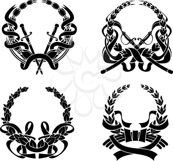 Coats of ams set with swords and ribbons for heraldry design and ornate