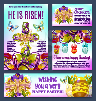 Easter Sunday floral cross with egg banner template. Patterned Easter egg and crucifix made up of spring flowers with ribbon and bow, decorated by tulip and narcissus bunch with flying butterfly