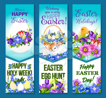 Happy Easter banners of paschal hunt eggs, chicks in wicker basket and spring flowers or willow wreath bunch. Easter vector templates design for religion springtime holiday greeting card