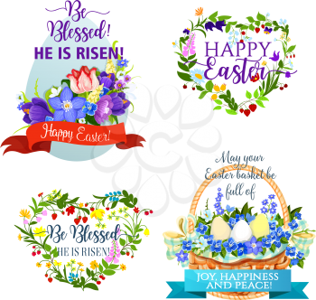 Easter icons for greeting design. Paschal eggs in wicker basket and flowers bouquet of crocuses, lilies, tulips and daffodils in wreath. Happy Easter and He is risen religion holiday vector ribbons