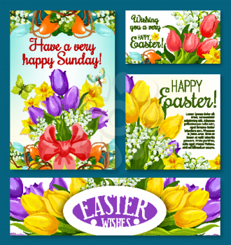 Easter holidays spring flowers banner template. Easter wreath of painted egg, tulip, lily and narcissus flowers, decorated by ribbon, bow and butterfly. Easter festive poster, card and flyer design