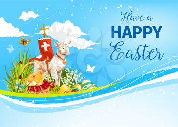Happy Easter greeting card template of passover God lamb, paschal eggs in wicker, holy crucifix cross on flag. Vector Easter design of chicken in willow flowers for Resurrection Sunday religion holida