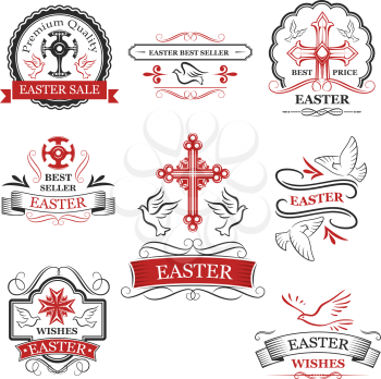 Easter sale and premium quality badge set. Easter cross, crucifix and dove bird red and black symbols with ribbon banner and flourishes. Spring holidays season special offer label design