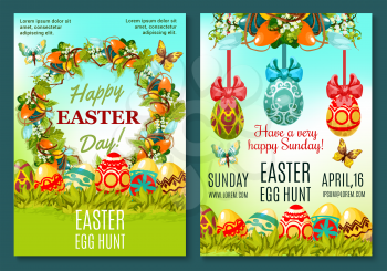 Easter Egg Hunt poster template. Easter eggs hidden in green grass banners, adorned by floral wreath of lily and tulip flowers with ribbon, bow, butterfly. Easter Sunday celebration invitation design