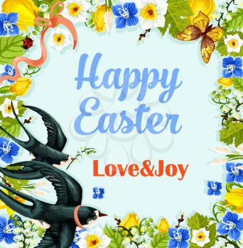 Happy Easter poster or greeting card. Paschal wreath of blue flowers, swallow with lily or willow and butterflies. Vector template for Easter or Resurrection Sunday springtime religion holiday design