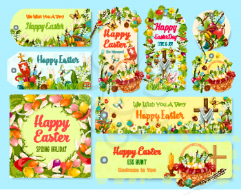 Easter holiday symbols tag and greeting poster set. Easter egg and flower wreath, rabbit bunny, egg hunt basket, Easter crucifix cross with chicken, lily, tulip, narcissus flower, candle, willow twig