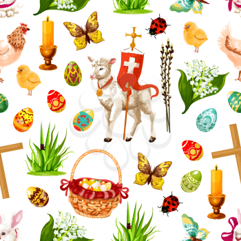 Easter seamless pattern of paschal eggs, flowers lily, tulip or snowdrop and willows, passover God lamb, crucifix crosses with candles and hen chicken chicks. Happy Easter religion holiday vector desi