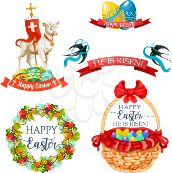 Easter paschal icons of eggs in wicker basket, flower wreath bow, bunny or passover God lamb crucifix or holy cross flag and swallows with ribbons. Happy Easter religion holiday vector symbols isolate
