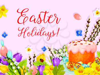 Happy Easter greeting card design. Paschal eggs and cake for Easter hunt template. Vector springtime flowers bunch of willow switches, tulips, snowdrops and butterfly on lily bunch for religion holida