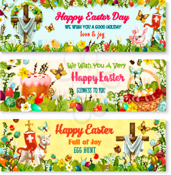 Happy Easter wishes banner set with holiday symbols. Easter egg in basket with spring flower, rabbit bunny, chicken chick, Easter cake, crucifix cross, floral wreath and lamb of God in flower frame