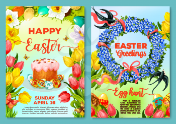 Easter Egg Hunt poster and invitation flyer template. Easter egg and cake with spring floral wreath of tulip, narcissus and forget-me-not flowers with ribbon, bow, swallow bird and butterfly