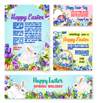 Easter egg and rabbit greeting banner and card template. Decorated Easter egg with white bunny and egg hunt basket on green grass with flowers of tulip, narcissus, crocus and snowdrop poster design