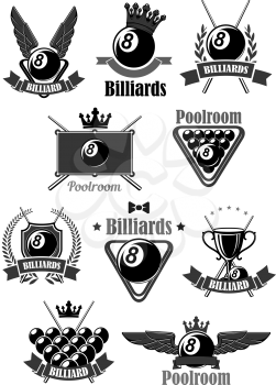 Billiards club or championship tournament awards symbols. Vector icons for pool game contest of billiard balls in triangle, champion winner cup prize and heraldic laurel wreath with victory crown, win